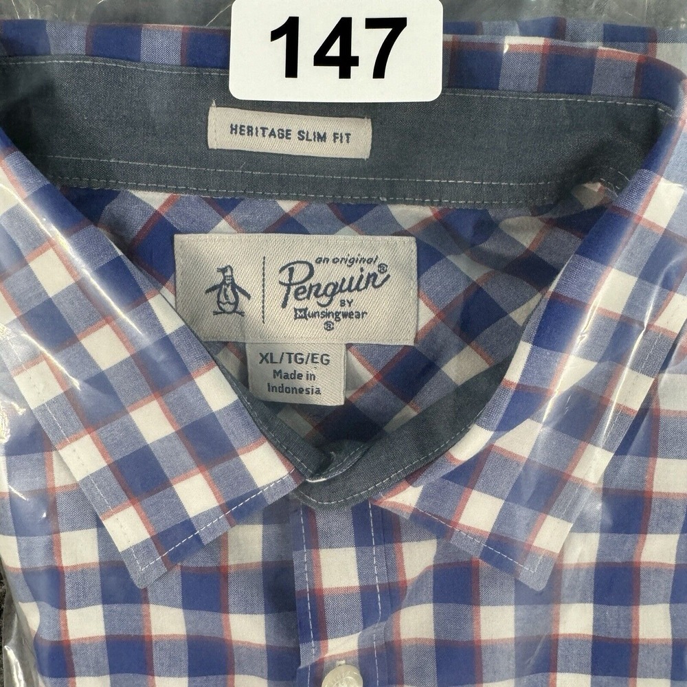 Penguin Shirt Mens XL‎ Blue Heritage Slim Fit Check Short Sleeve Button - Picture 8 of 8